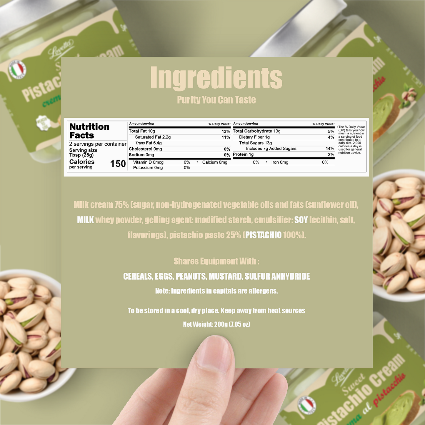 Pistachio Cream 200g (7.05 oz) – Italian Pistachio Butter, Pistachio Paste & Spread, Crema de Pistachio Dubai – Pistachio Cream for Dubai Chocolate, Baking, Desserts, Toppings